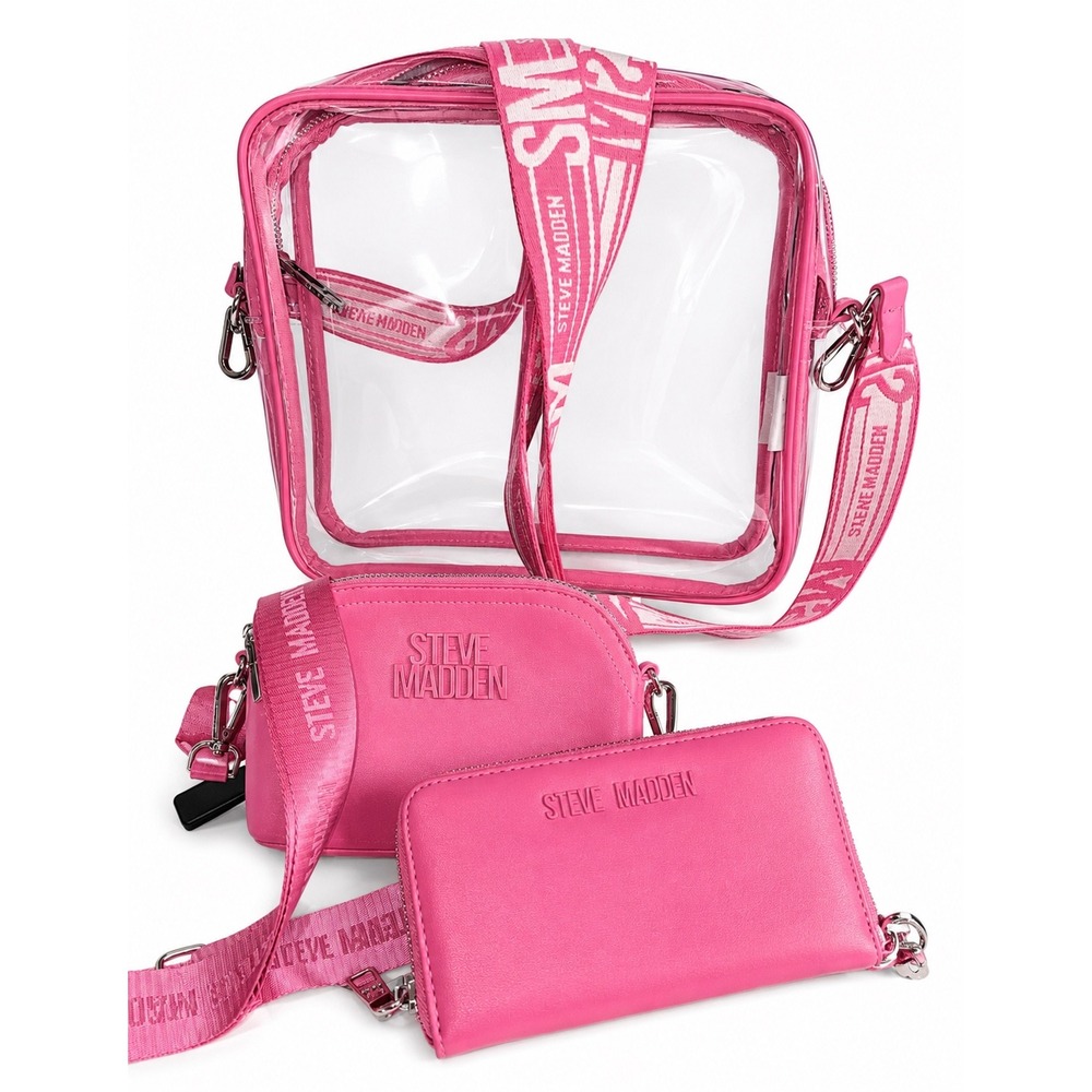 Steve Madden Pink Clear Stadium Bag Crossbody Set with Pouch and Wallet 3pc